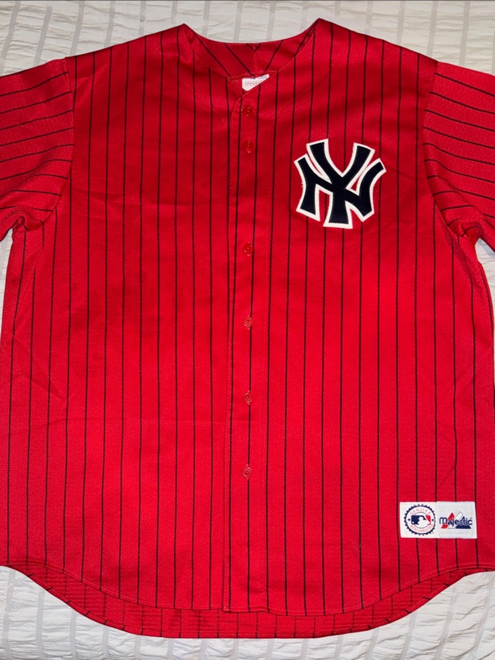 Vintage New York Yankees Majestic MLB Baseball Pin Stripe Jersey Red SZ XXL